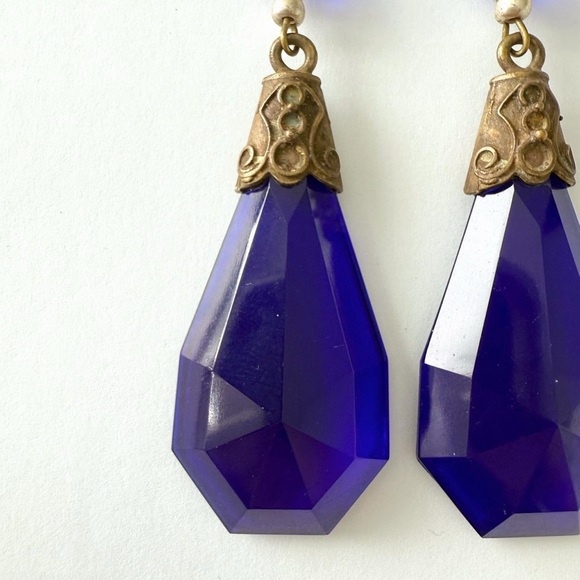 Art Deco Blue Czech Glass Teardrop Dangle Earrings - Picture 2 of 5